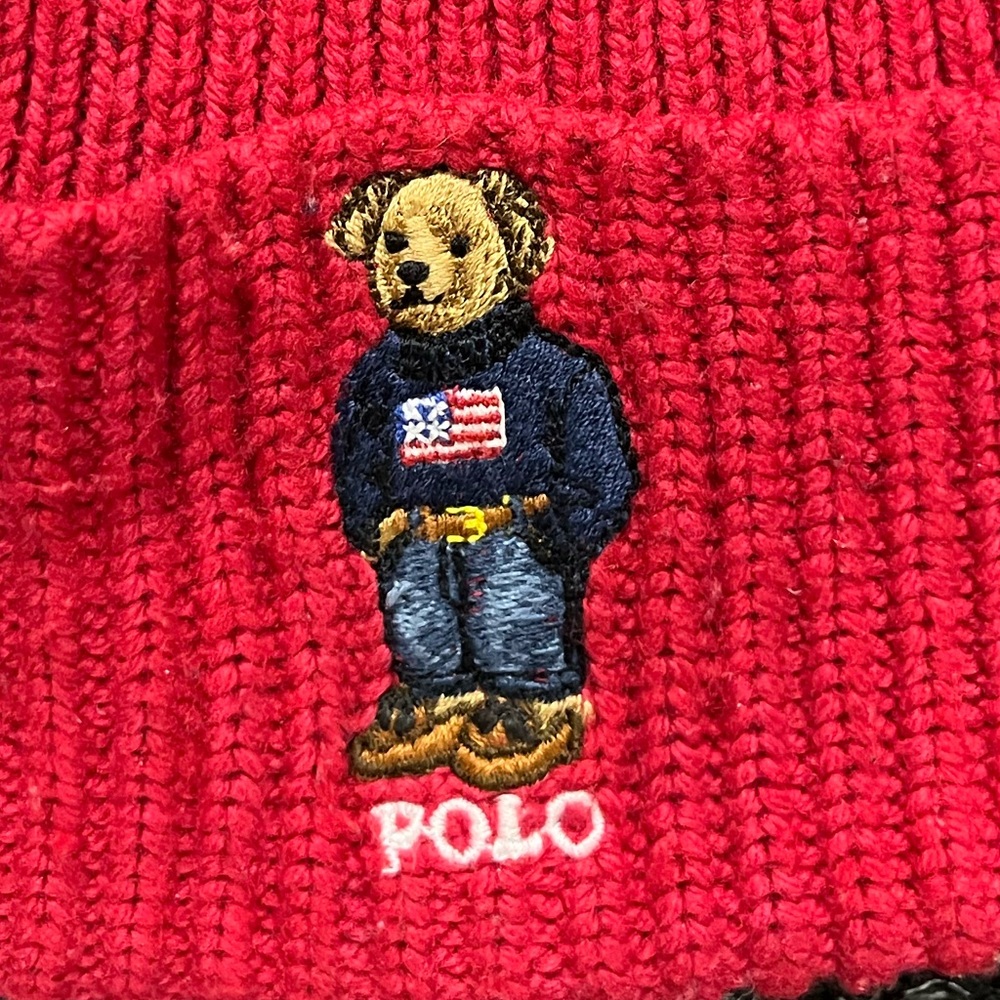 Polo Ralph Lauren Red American Flag Bear Knit Unisex Cotton/Wool Beanie OS